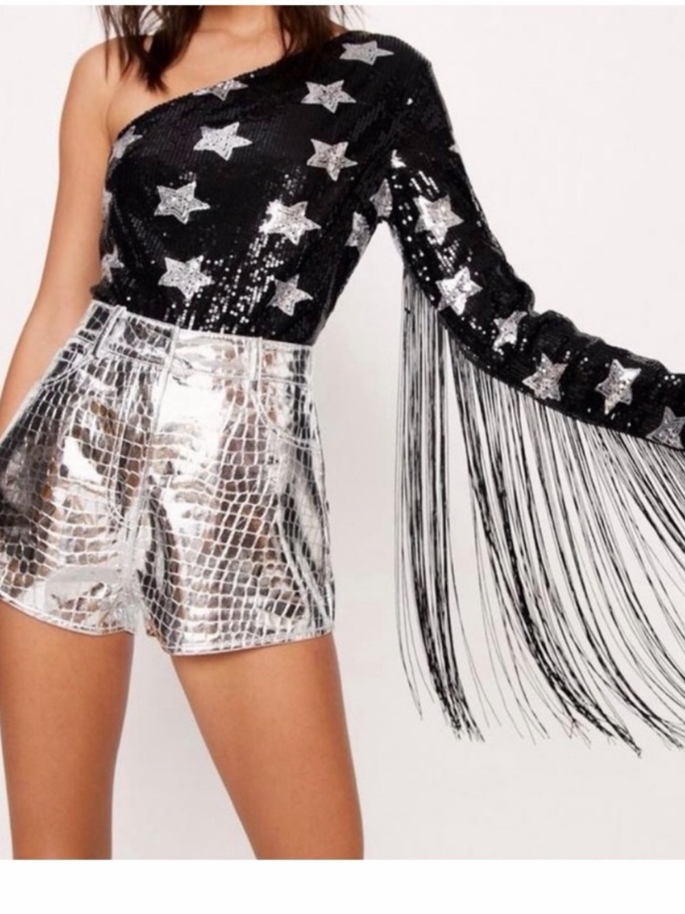 Nasty Gal Silver Croc-Embossed High Waist Shorts